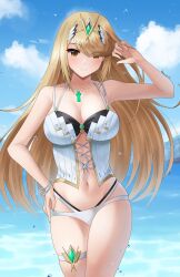 1girls 2d 2d_(artwork) big_breasts bikini blonde_hair clouds day doiparuni female female_focus female_only front_view hair_over_one_eye high_resolution highres hourglass_figure light-skinned_female light_skin long_hair looking_at_viewer mythra ocean outdoors sky smiling smiling_at_viewer solo solo_female solo_focus standing standing_in_water summer swimsuit thong thong_bikini two_piece_swimsuit water white_bikini white_bikini_bottom white_swimsuit xenoblade_(series) xenoblade_chronicles_2 yellow_eyes young younger_female