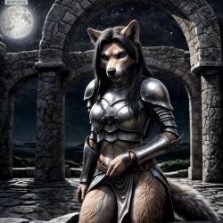 ai_generated animal_ears anthro armor artist_name black_hair blue_eyes breastplate cloud female female_anthro full_moon furry furry_female hi_res high_resolution highres long_hair looking_at_viewer midriff moon moonlight night night_sky outdoors pauldrons pelvic_curtain photorealistic realistic shoulder_armor sky snout solo stable_diffusion starry_sky tail twitter twitter_username vambraces watermark yiffyjiffy2 yiffyjiffy69