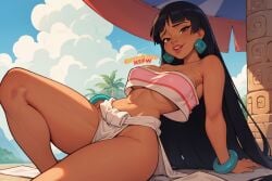 ai_generated arm_support bangs bare_shoulders black_hair blue_sky blunt_bangs bracelet breasts brown_eyes chel_(the_road_to_el_dorado) cloud creamybiscuit crop_top dark_skin dark_skinned_female earrings jewelry knee_up large_breasts lips loincloth long_hair looking_at_viewer midriff navel pelvic_curtain sky smile strapless the_road_to_el_dorado thick_thighs thighs toned tube_top very_long_hair