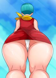 1girls ass ass_focus back back_view big_ass bulma_briefs bulma_briefs_(majin_buu_saga) clothing dragon_ball dress ear_piercing earrings female female_only hair huge_ass mature mature_female mature_woman milf mother panties pantyshot red_dress short_dress solo solo_female sonson-sensei teal_hair thighs upskirt white_panties