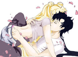 2girls artist_request bishoujo_senshi_sailor_moon black_hair blonde_hair closed_eyes clothing hug long_hair multiple_girls schoolgirl seiya_kou smooth_skin usagi_tsukino