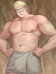 bara blonde_hair blush delicious_in_dungeon dungeon_meshi ibarra_bara laios_touden male male_nipples male_only muscular_male nipples sauna towel_only