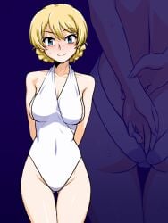 1girls ass blonde_hair blue_eyes braid breasts darjeeling girls_und_panzer halterneck large_breasts looking_at_viewer navel one-piece_swimsuit oosaka_kanagawa short_hair swimsuit white_one-piece_swimsuit white_swimsuit