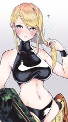 1girls arm_cannon armor armor_removed black_panties black_sports_bra blonde_hair blue_eyes breasts hair_undone hairtie large_breasts long_hair looking_at_viewer metroid midriff motoji_(hamayarawa) navel nintendo panties power_armor samus_aran sports_bra sportswear wristband