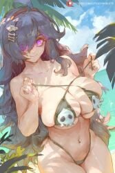 1girls belly belly_button big_breasts bikini busty clothed cutesexyrobutts female game_freak goth goth_girl hex_maniac hips huge_breasts large_breasts light-skinned_female light_skin messy_hair nintendo pokemon purple_eyes purple_hair smile smiling swimsuit swimwear tagme thick thick_thighs thighs tummy