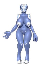 3_fingers alien alien_humanoid big_breasts blue_body blue_eyes breasts female fingers furball ginne hair hi_res hooves horn huge_breasts humanoid inverted_nipples krohnjen markings nipples shoulder_pads silver_hair solo white_body white_hooves