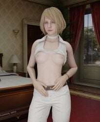 1girls 3d ashley_graham ashley_graham_(ella_freya) bed bedroom belly belly_button blender blonde_female blonde_hair blonde_hair_female blue_eyes bob_cut bracelet bracelets breasts breasts_out capcom female female_focus female_only flashing flashing_breasts frankiely_spicy indoor indoors inside leather looking_at_viewer looking_back medium_breasts naked naked_female navel nipples nude nude_female pinup pinup_pose resident_evil resident_evil_4 resident_evil_4_remake shirt shirt_lift shirt_up short_hair smile smiling smiling_at_viewer solo solo_female solo_focus stare staring staring_at_viewer tease teasing teasing_viewer white_house