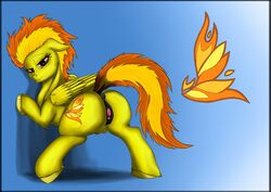 abstract_background anus back_turned bedroom_eyes clitoris crotchboobs cutie_mark equine exelzior-maximus feathers female friendship_is_magic fur hair hooves horse looking_at_viewer mammal my_little_pony nipples orange_eyes orange_hair pegasus pony presenting pussy raised_tail small_crotchboobs smile solo spitfire_(mlp) two_tone_hair wings wonderbolts_(mlp) yellow_fur