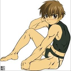 1boy blush brown_eyes brown_hair clothing gouryu jockstrap male male_only matching_hair_and_eyes muscle pubic_hair solo syaoran_li tan tanline tsubasa_chronicle underwear