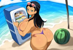 1girls aged_up ai_generated beach bikini curvaceous dat_ass female female_only fridge glasses huge_ass huge_breasts mullon nico_robin novelai one_piece post-timeskip solo summer tan_body voluptuous voluptuous_female watermelon