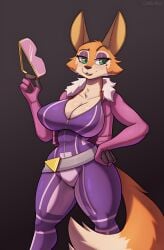 2020 2020s anthro belt big_breasts bodysuit breasts canid canine cleavage clothed clothing cooliehigh curvy_figure eyewear female female_focus female_only fluffy_tail fox fox_ears fox_girl fox_tail furry furry_female glasses green_eyes hand_on_hip hi_res holding_eyewear hourglass_figure mammal meika_(rimba_racer) orange_body orange_fur rimba_racer simple_background skinsuit solo tail thick_thighs tight_clothing two_tone_body two_tone_fur white_fur wide_hips zipper