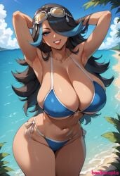 1girls ai_generated beach big_ass big_breasts bikini blue_bikini blue_eyes bombacopta breasts cleavage cleavage_overflow game_freak goggles_on_head grin hair_over_one_eye hands_behind_head huge_breasts large_breasts mature_female midriff milf multicolored_hair nintendo pokemon pokemon_rse shelly_(pokemon) shelly_(pokemon_oras) team_aqua thick_thighs underboob water