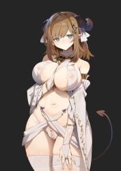 absurdres bare_shoulders blue_eyes blush breasts bridal_gauntlets brown_hair commentary demon_girl demon_horns demon_tail detached_collar female highres horns large_breasts looking_at_viewer navel original pearl_thong pussy revealing_clothes short_hair simao_(x_x36131422) solo tail thighhighs thighs white_thighhighs