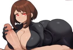 ai_generated alternate_costume areola_slip big_ass cleavage covered_nipples dark_aura dark_persona evil female femdom glowing_eyes huge_cock looking_at_viewer male mullon my_hero_academia nipples novelai ochako_uraraka open_bodysuit puffy_nipples