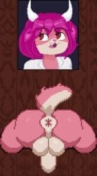 1boy 1femboy animated balls bovid caprine digital_media_(artwork) femboy genitals glory_hole goat hair horn male mammal penis pink_hair pixel_(artwork) pixel_animation pixel_art solo thunkytank twerk twerking