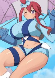 1girls breasts female female_focus female_only jaga334 nintendo pokemon pokemon_bw red_hair skyla_(pokemon) solo_female thick_thighs thighs