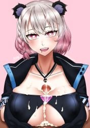 after_ejaculation boobjob cum cum_on_breasts drooling heart-shaped_pupils looking_at_viewer multicolored_hair open_mouth paizuri panda_ears pink_eyes ruiasaka ruipandaa titjob tsuyoshishi02 virtual_youtuber vtuber