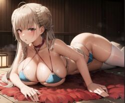 ai_generated bikini formidable_(azur_lane) formidable_(the_lady_of_the_beach)_(azur_lane) huge_breasts lying model on_floor pose skindentation slombert steam sweat thighs tights