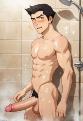 1boy abs ai_generated armpit_hair avatar_legends balls bara big_balls big_penis gay ilovementits mako male male_only muscular nipples pecs penis pubic_hair shower the_legend_of_korra thighs yaoi