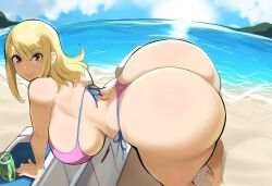 1girls ai_generated beach bikini blonde_hair brown_eyes curvaceous dat_ass fairy_tail female fridge from_side huge_ass huge_breasts lucy_heartfilia mullon novelai side-tie_bikini side-tie_bikini_bottom solo summer voluptuous voluptuous_female