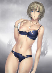 anime_nose aya_brea blue_eyes bra erect_nipples highres kansuke lingerie mound_of_venus nipples panties parasite_eve parasite_eve_the_3rd_birthday short_hair torn_clothes underwear