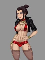 1girls asian asian_bimbo asian_female avatar_the_last_airbender azula bimbo black_hair black_jacket bra bracelets breasts collar eyeshadow hair_bun hand_on_hip jacket large_breasts leg_tattoo lipstick looking_at_viewer makeup midriff navel neck_chain open_jacket prostitute prostitution red_bra red_shorts short_shorts shorts shoulder_spikes tattoo theheroincollector thighhighs torn_thighhighs yellow_eyes
