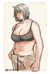 1girl adonis_belt artist_signature bashful beautiful belly belly_button big_breasts black_bra blonde_hair blush breasts chubby chubby_female co1fee delicious_in_dungeon dungeon_meshi falin_touden falin_touden_(tallman) flushed_face hands_in_pants human humanoid khaki_pants navel nipple_bulge nipples_visible_through_clothing plump sandy_blonde_hair simple_background smile solo tall taller_female tallman tan_background wholesome