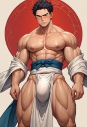 ai_generated bara big_bulge blush boyfriendai bulge looking_at_viewer male male_nipples male_only muscular_male nipples penis_outline