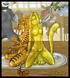 2005 anthro breasts collar feline fur furry imminent_vore orange piercing platter pussy restaurant seel_kaiser vore yellow