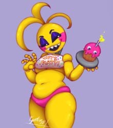 1girls animatronic animatronic_female black_eyes chicken chubby_female cupcake female five_nights_at_freddy's five_nights_at_freddy's_2 furry robot robot_girl smiling standing toy_chica_(fnaf) yellow_fur