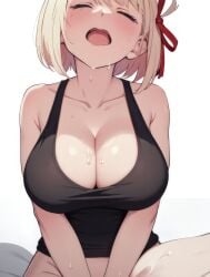 adult_swim ai_generated ai_lightmakosub ai_lughtmako blonde_hair cleavage female looking_pleasured lycoris_recoil masturbation nishikigi_chisato pleasure_face tank_top toonami white_hair