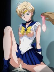 1girls after_sex after_vaginal annoyed annoyed_expression bishoujo_senshi_sailor_moon blonde_hair blue_eyes blush breasts breasts_out censored choker clothing condom cum cum_in_condom cum_in_pussy cum_inside cumdrip dubious_consent earrings female_pubic_hair functionally_nude functionally_nude_female haruka_tenou hi_res holding_condom leotard looking_at_viewer miniskirt mosaic_censoring nipples partial_male pubic_hair pussy ribbon sailor_uranus sanmon shadow short_hair sitting skirt small_breasts solo_focus spread_legs tiara torn_clothes used_condom