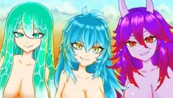 3girls blue_hair completely_nude greek_mythology green_eyes green_hair hades_(vtuber) horns mangowisp multiple_girls mythoshq poseidon_(vtuber) purple_hair purple_skin red_eyes tagme virtual_youtuber zeus_(vtuber)