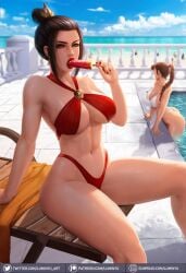 2girls artist_name ass avatar_legends avatar_the_last_airbender azula beach bikini black_hair braided_ponytail breasts brown_hair chair clouds female female_only fire_nation food hair_bun holding_food holding_popsicle human in_water large_breasts lipstick looking_at_viewer luminyu makeup midriff multiple_girls navel ocean outside painted_fingernails ponytail pool pool_chair poolside popsicle red_bikini red_swimsuit sitting_on_chair sky swimsuit ty_lee water white_bikini white_swimsuit yellow_eyes