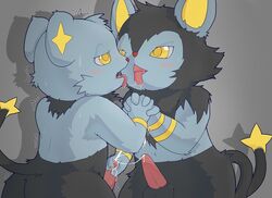 blush cum drooling furry gay handjob luxio male nintendo no_humans okunawa open_mouth penis pokemon saliva shinx tongue yellow_eyes