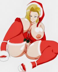 1girls android_18 areola areolae artist_name big_breasts blonde_hair blue_eyes bob_cut breasts censored christmas dragon_ball dragon_ball_z female female_only high_heels human light-skinned_female light_skin mistletoe mosaic_censoring nala1588 nipples santa_costume santa_hat solo spiky_leaves thighhighs vagina voluptuous voluptuous_female watermark white_background white_berries