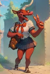 1monster 2024 ai_generated anthro backpack breasts carnivalecloudmuncher female furry horn moblin monster nintendo open_mouth peace_sign school_uniform schoolgirl seifuku self_upload skirt smile solo standing tagme the_legend_of_zelda v_sign