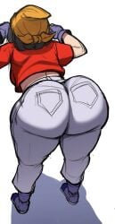 1girls aged_up alternate_ass_size ass bandana big_ass black_hair blackwhiplash bubble_butt bwl dat_ass dragon_ball dragon_ball_gt grey_pants huge_ass huge_butt jeans light-skinned_female pan_(dragon_ball) red_shirt smaller_male white_background