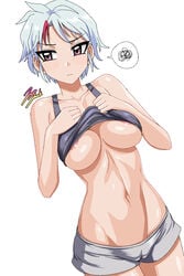 1girls angry artist_request big_breasts blush breasts clothed clothed_female female female_focus female_only hands_on_breasts higurashi_towa inuyasha nipple_slip pulling_shirt red_eyes shirt shirt_lift short_hair silver_hair simple_background solo solo_female tight_pants tomboy underboob visible_pussy yashahime:_princess_half-demon