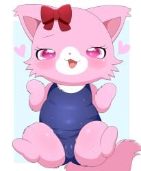 accessory anthro azuo blush bodily_fluids bow_ribbon camel_toe clothing domestic_cat facial_tuft felid feline felis female fur garnet_(jewelpet) genitals hair_accessory hair_ribbon hairbow heart_eyes heart_symbol hi_res jewelpet jewelpet_(series) jewelpet_(species) mammal persian_cat pink_body pink_eyes pink_fur pussy ribbons sanrio school_swimsuit sega sega_fave sega_toys solo sweat swimwear tuft