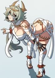 1girls ass bandages bent_over breasts caesar_king cleavage female female_only green_hair halloween heart-shaped_pupils heels hi_res kinkymation looking_at_viewer mihoyo mummy_costume mummy_wrappings simple_background smiling smiling_at_viewer solo white_background zenless_zone_zero