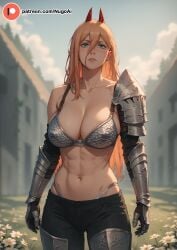 ai_generated armor armored_female blonde_hair blue_eyes chainsaw_man horns huge_breasts knight naked nugoai power_(chainsaw_man) sharp_teeth