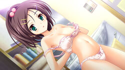 blush bra brown_hair game_cg green_eyes kurokawa_shizuku lingerie navel panties ren'ai_kateikyoushi_rurumi_coordinate! renai_kateikyoushi_rurumi_coordinate short_hair solo suzui_narumi underwear undressing