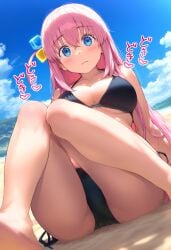 1girls ai_generated ai_lightmakosub ai_lughtmako beach bikini bikini_top black_bikini bocchi bocchi_the_rock! female female_only gotoh_hitori gotou_hitori legs looking_at_viewer looking_back nervous nervous_smile smile_at_viewer solo spread_legs thighs