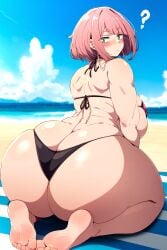 ai_generated beach bikini blush butt_crack fat_ass goldencum34 green_eyes huge_ass huge_butt on_knees original original_character pink_hair thick_thighs wide_hips