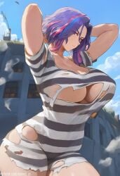 1girls ai_generated amiral_ai arms_behind_head arms_up ass big_ass big_breasts breasts female female_focus female_only kaina_tsutsumi lady_nagant looking_at_viewer multicolored_hair my_hero_academia navel prison_uniform purple_eyes purple_hair solo solo_female solo_focus thick_thighs torn_clothes