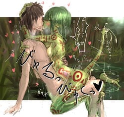 1girls barefoot blush breasts closed_eyes couple cross_section cum cum_in_pussy cum_in_uterus cum_inside female female_on_top green_hair green_skin hugging interspecies long_hair long_tongue male markings monster_girl nude open_mouth original original_characters penetration penis pointy_ears rib:y(uhki) romantic sex sitting small_breasts spread_legs tail tongue uterus vaginal_penetration x-ray