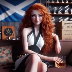 ai_generated blue_eyes brave celtic clothed disney disney_princess drinking elegant freckles merida national_personification red_hair redhead scotland scottish