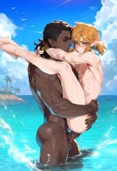 2boys ai_generated anal anal_sex arms_behind_anothers_head beach beach_background beach_sex blush dark-skinned_male dark_skin elf_ears femboy gay grabbing_waist holding holding_another hugging interracial legs_apart legs_up light-skinned_male link link_(breath_of_the_wild) long_legs male/male muscular muscular_male nintendo pointy_ears ponytail raered submissive submissive_male the_legend_of_zelda yaoi