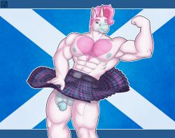 abs absurd_res anthro balls biceps big_muscles biped bottomwear circumcised clothed clothing clothing_lift digital_media_(artwork) equid equine flag flexing genitals glans hair hi_res horn humanoid_genitalia humanoid_penis kilt kilt_lift looking_at_viewer male male_anthro male_only mammal muscular muscular_anthro muscular_male mythological_creature mythological_equine mythology nipples pecs penis scotland scottish simple_background skirt skirt_lift smile solo unibro_pi unibro_pi_(character) unicorn upskirt vein veiny_penis